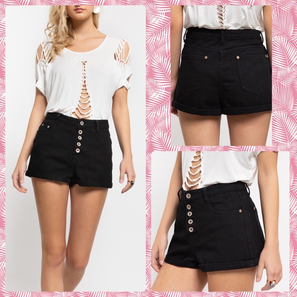 BOUTIQUE BLACK HIGH RISE BUTTON FLY DENIM SHORTS